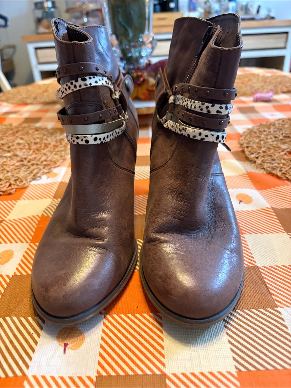 Bella Vita Brown Ankle Booties with Spotted and Metallic Accent Straps